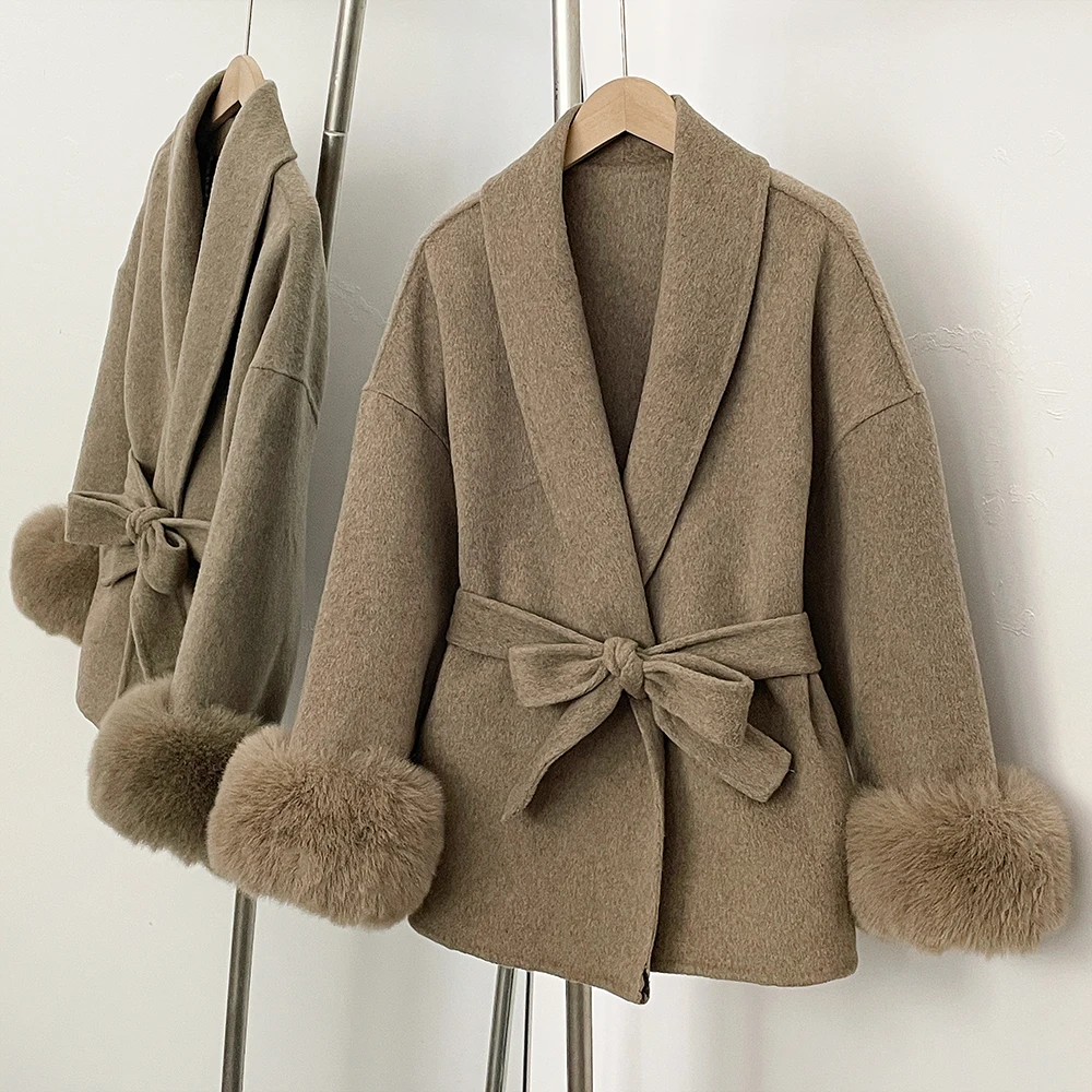 Wool Coat Faux Fur Women Overcoat Fake Fox Fur Patchwork Woolen Coat Fur Eco-friendly Lady Wool Jacket Artificial Autumn Spring