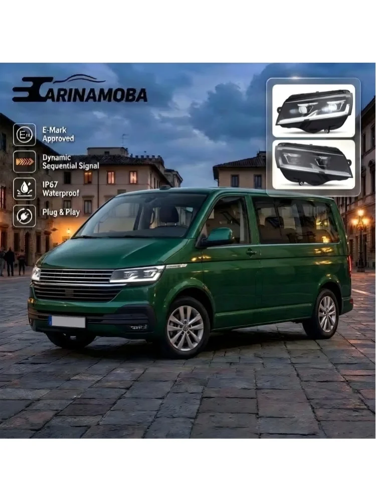 CARINAMOBA E-Mark ECE-Zertifizierte Voll-LED-Scheinwerfer für VW Transporter Multivan Caravelle T6.1 2019-2024 LHD |   Schwarzes Dual-Projektor-Dynamisches Sequentielles Bernsteinfarbenes Blinklicht