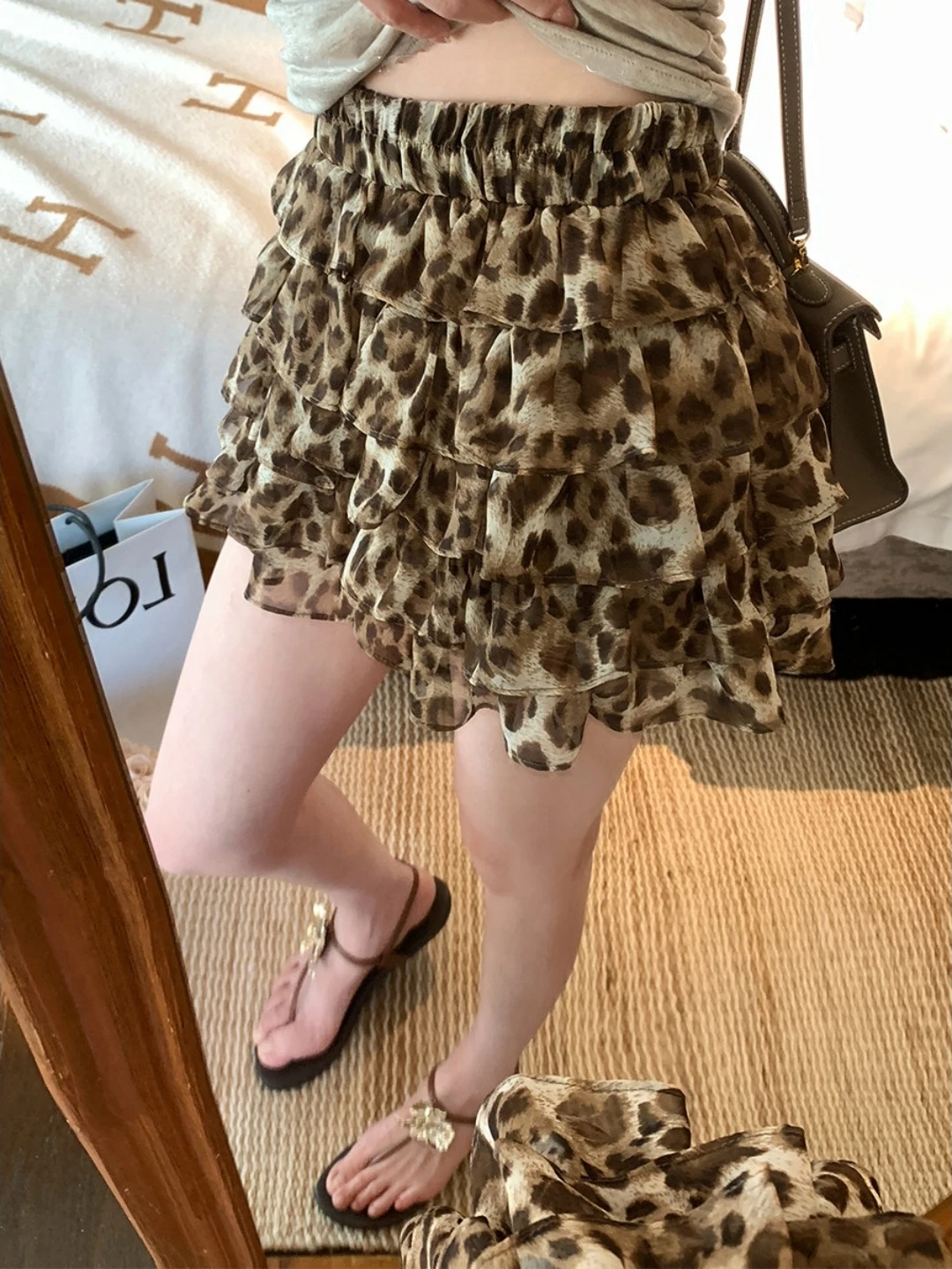 Casual High Waist Cake Skirt Women's plus Size Leopard Print Short Skirt with Pleats And Lace Hemline American Style Hot Girl