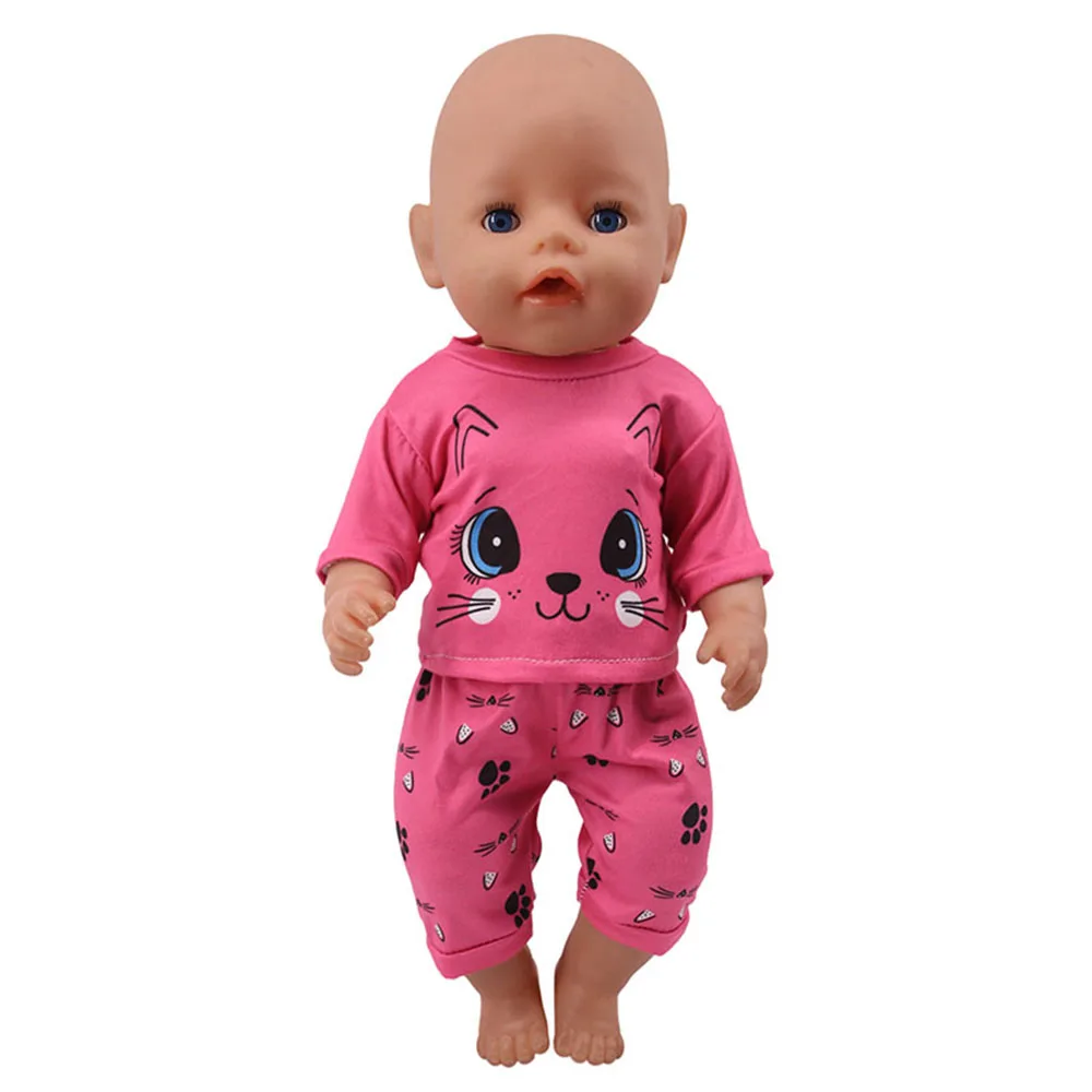 Zomer set met korte mouwen en dierenpatroon jumpsuit pyjama voor 43 cm babypop en 18 inch Amerikaanse popaccessoires, onze generatie cadeau