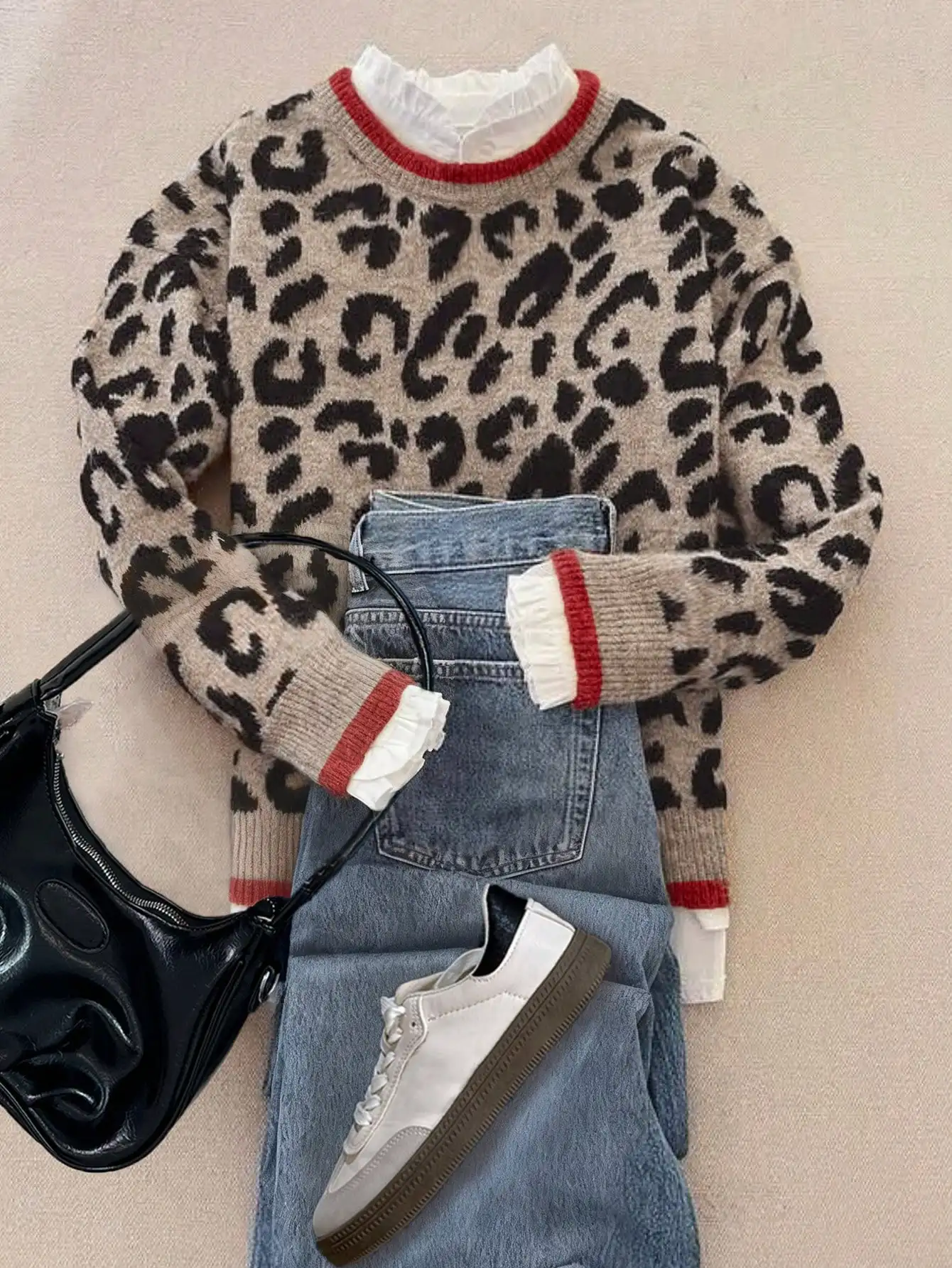 

Вязаный пуловер с леопардовым принтом, воротником с рюшами и красной отделкой, свободный крой, длинные рукава, для повседневной носки осенью и зимой, для офиса