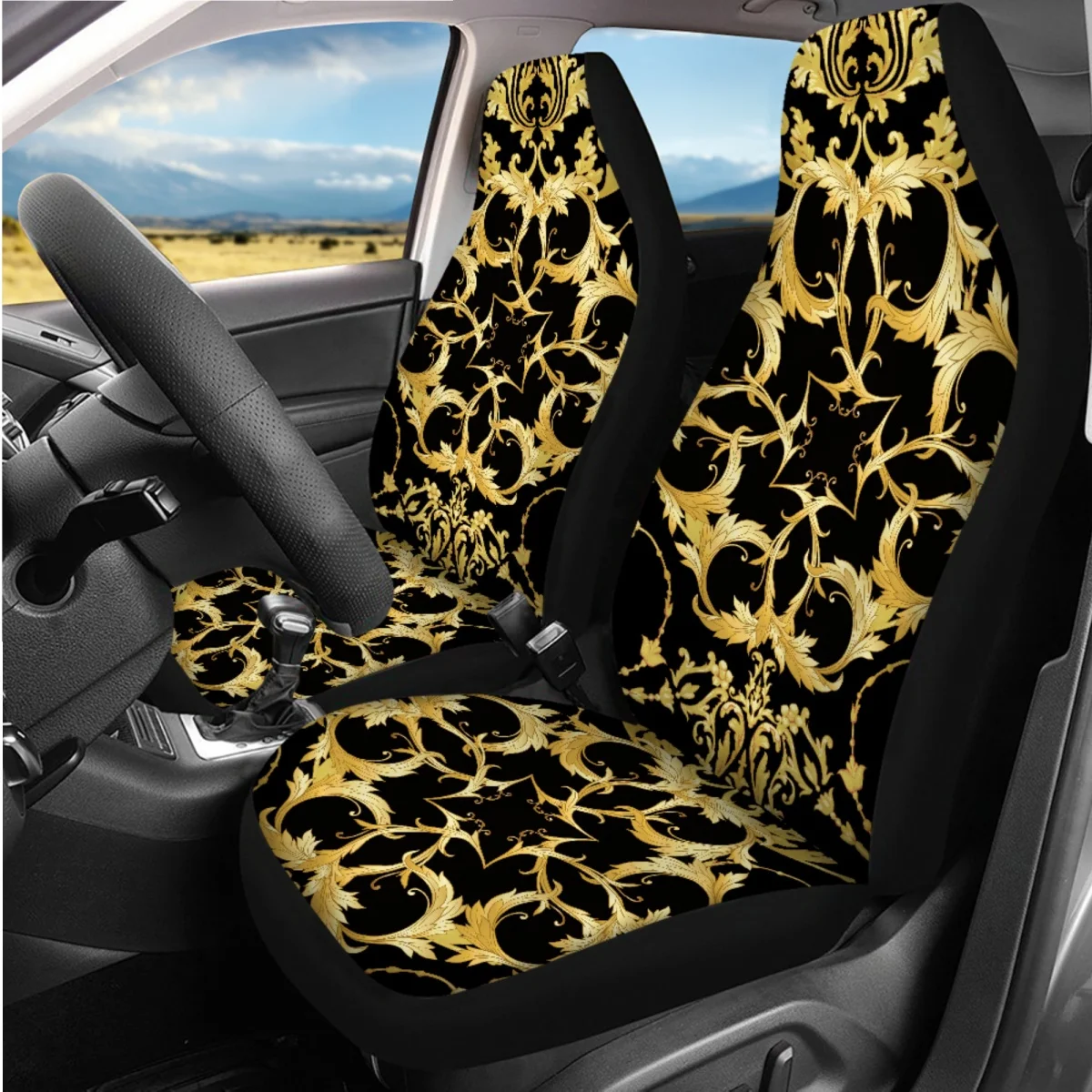 Golden Baroque Pattern 7Pcs Car Accessories Non-Slip Washable Interesting Anti-dirt Front Back Seat Cover Set for Car Truck Van