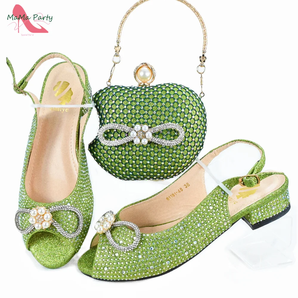 

Mature Ladies African Women Shoes and Bag to Match in Green Color Fashionable New design with Shinning Crystal for Wedding