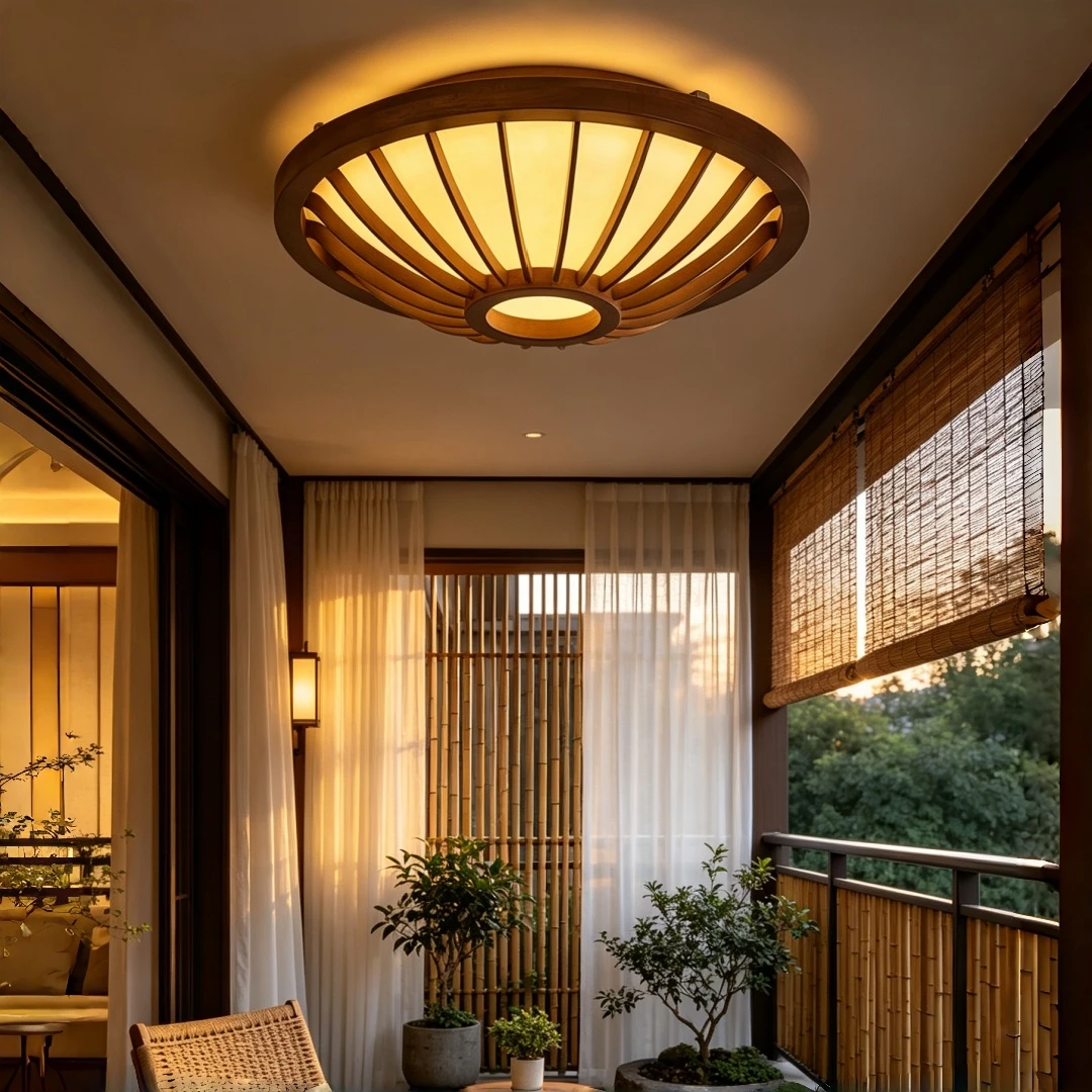Retro Wood Flush Mount Ceiling Light Radial Carved Wooden Ceiling Lamp For Bedroom Living Room Farmhouse Asian Home Interior