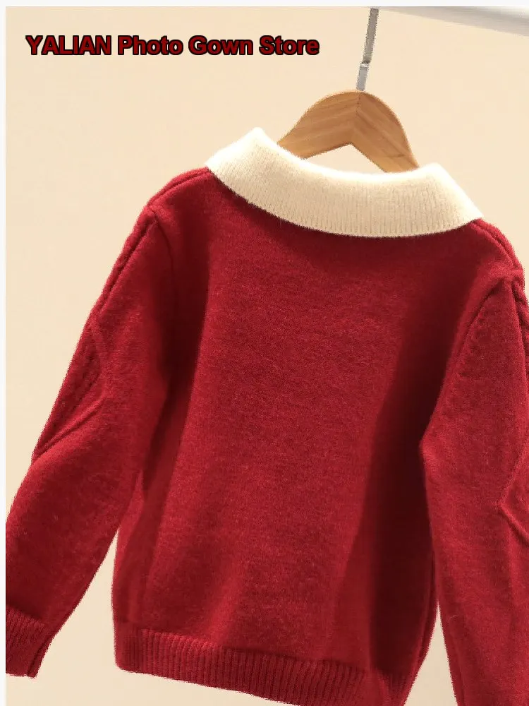 La Chapelle Girls’ Cable Knit Fake Two-Piece Children’s Stylish Winter Greeting Outfit Knit Top Kids