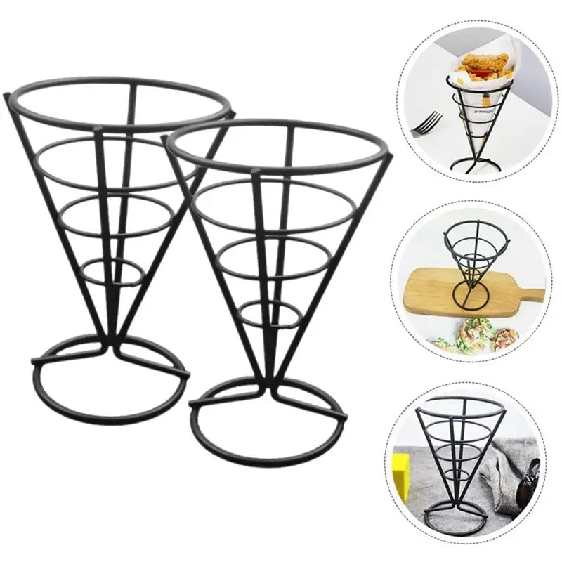 Y51A 6 Pack Wire Metal Food Racks, Cone Fried Basket Stand for Serving Chips Chicken, Black Iron Fry Basket Holder