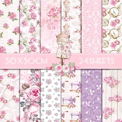 24pcs Pink Rose Clock Pattern Scrapbook Paper Party Gifts Decorative Packing Craft Wrapping Papers 30*30cm