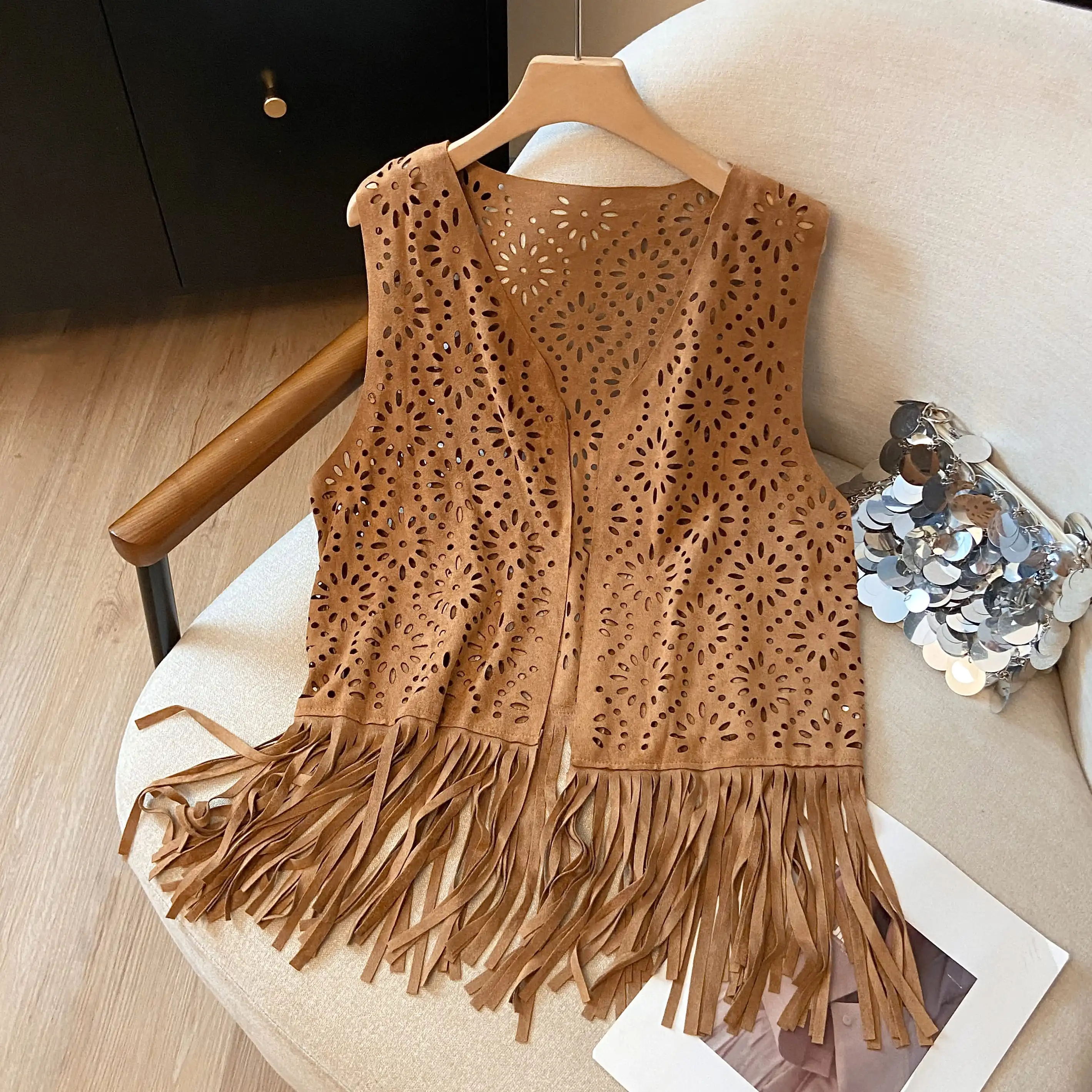 

Loose Suede Vest Thin Hollow out Design Faionable Commute Sle Women's Jaet Outerwear V-Ne No Button Pure Color