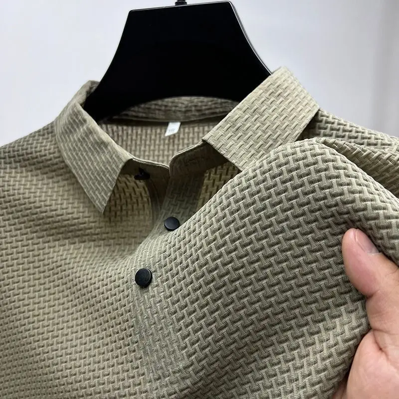 High-End Ice Silk Short-Sleeved  Shirt Men's Thin Mesh Breathable Cool Feeling City Walk Suitable Clean Fit Style