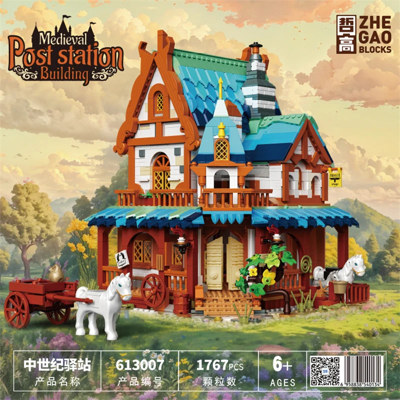Middeleeuwse bouwstenen voor poststations met lamp Gemonteerde blokhut architectuurstenen set Klassiek houten huismodel 14+ speelgoed