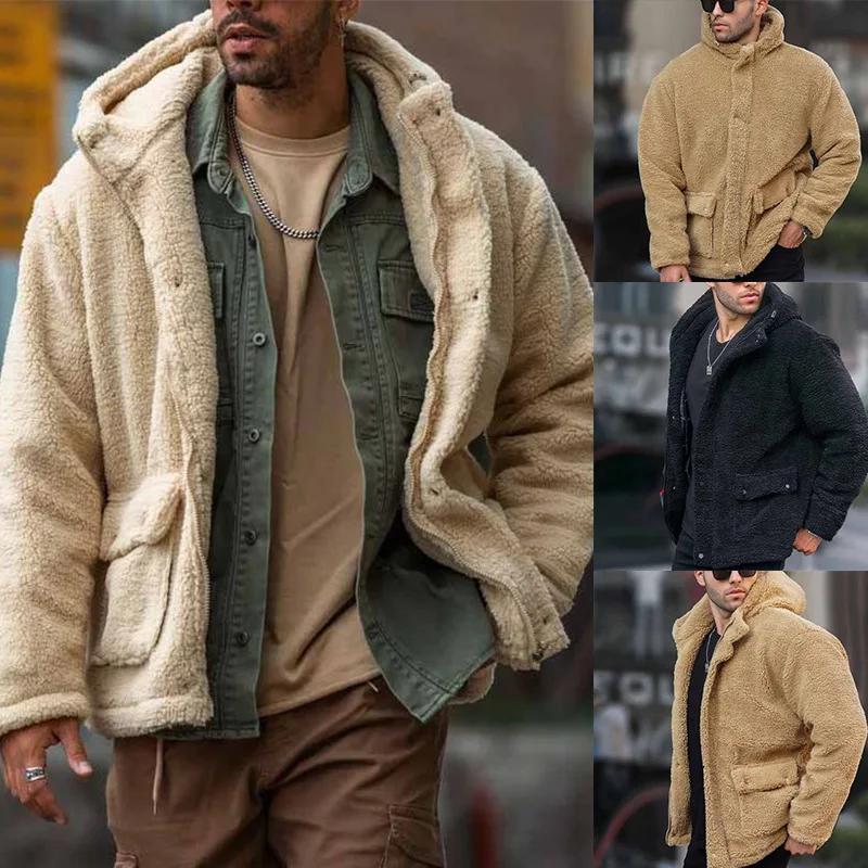 Autumn And Winter Men's Hooded Solid Color Coat Fleece, Casual Fashion Trend Men