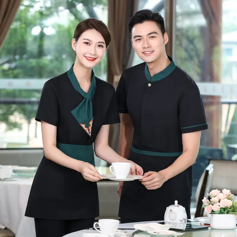 

Short Sleeve Restaurant Waiter Uniform for Woman Hotel Food Service Work Wear Cafe Kichen Cooking Jacket Working Clothing