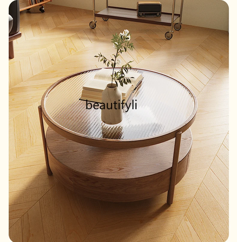 Nordic Solid Wood round Side Table Coffee Table Living Room Home Changhong Glass Cherrywood Log Low Table