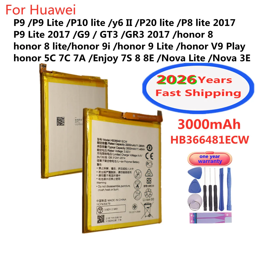 Batería HB366481ECW para Huawei P10 P9 Lite y6 II P20 P8 lite G9 GT3 GR3 honor 8 9 lite 9i V9 Play 5C 7C 7A Enjoy 7S 8 8E Nova 3E