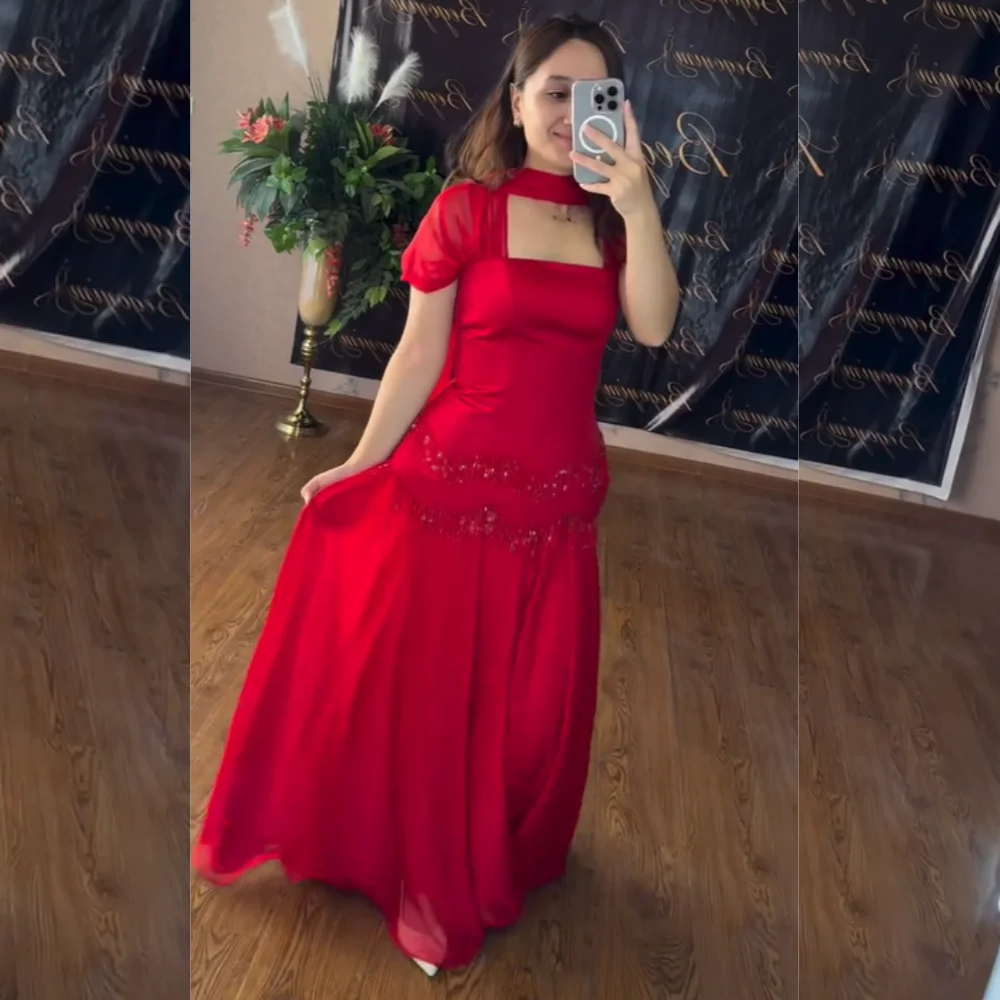 

Customized Classic Charmeuse Sequined Pleat A-line Square Neck Long Dresses Bespoke Occasion Evening Matching