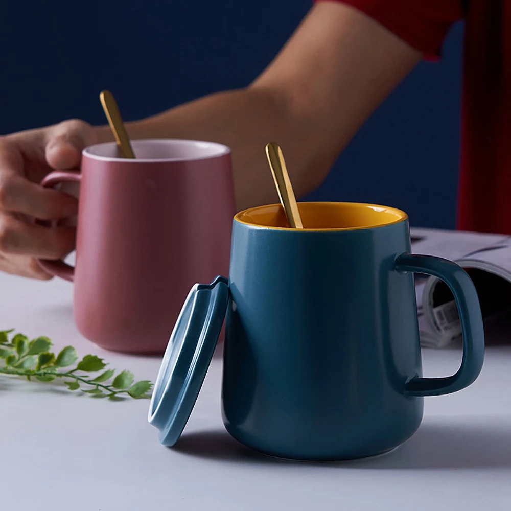 Mugs With Cover And Spoon Light Creative Coffee Mug Contrast Colors Cup Perfect Gifts For Friends Birthday