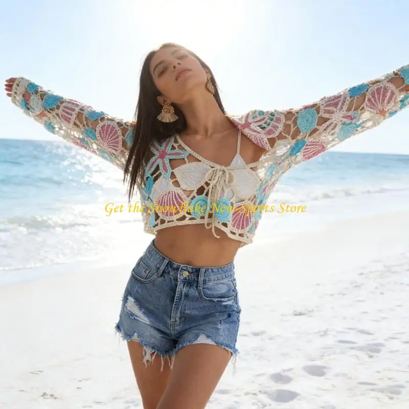 Stylish Women Cutout Weave Beach Shirt Bohemian Style Long Sleeve Sun Protective Top Swimsuit Coverup