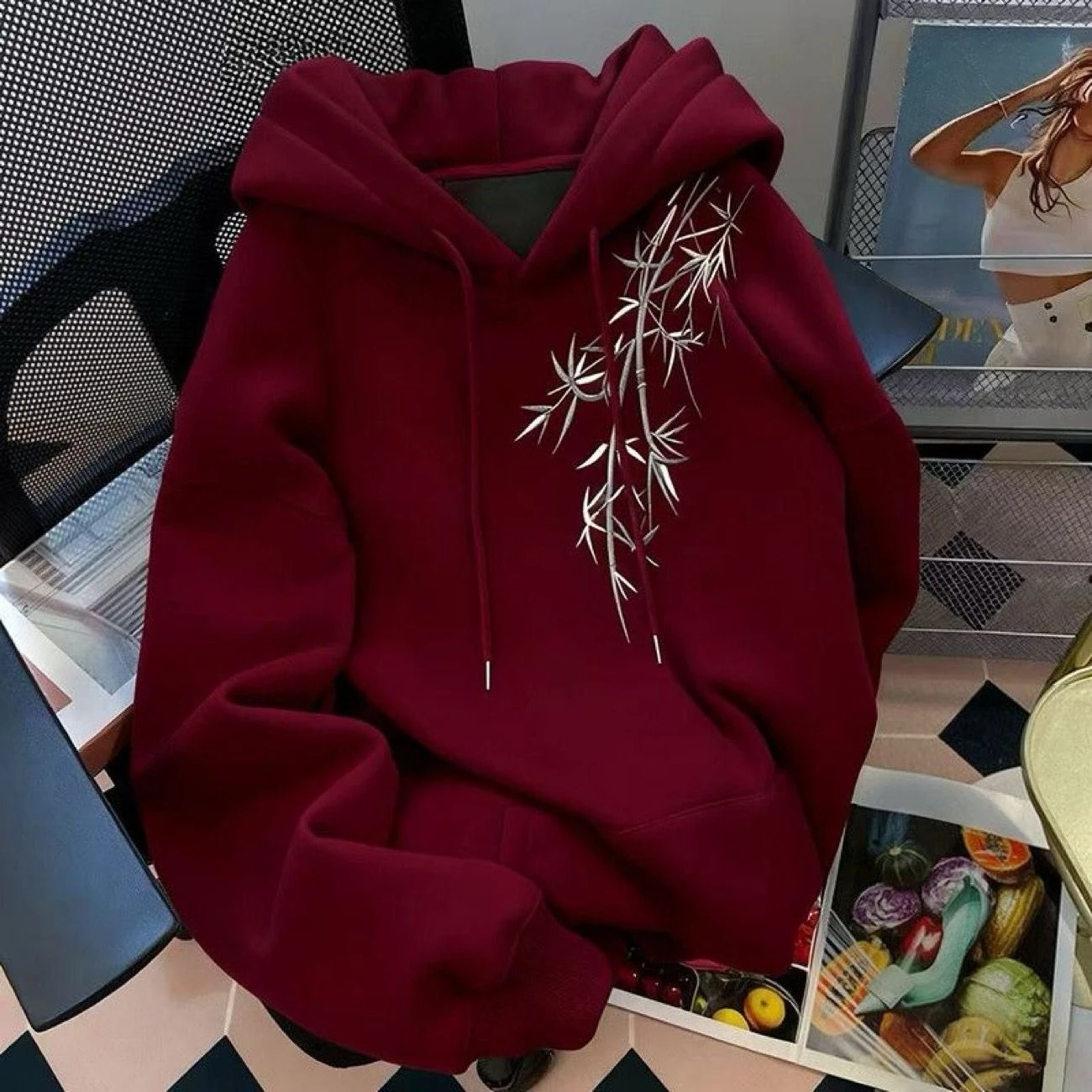 Women Men Silver Fox Velvet Vintage Bamboo Print Hoodie Autumn Winter Student Couple Loose All-Match Casual Sweatshirt Jacket
