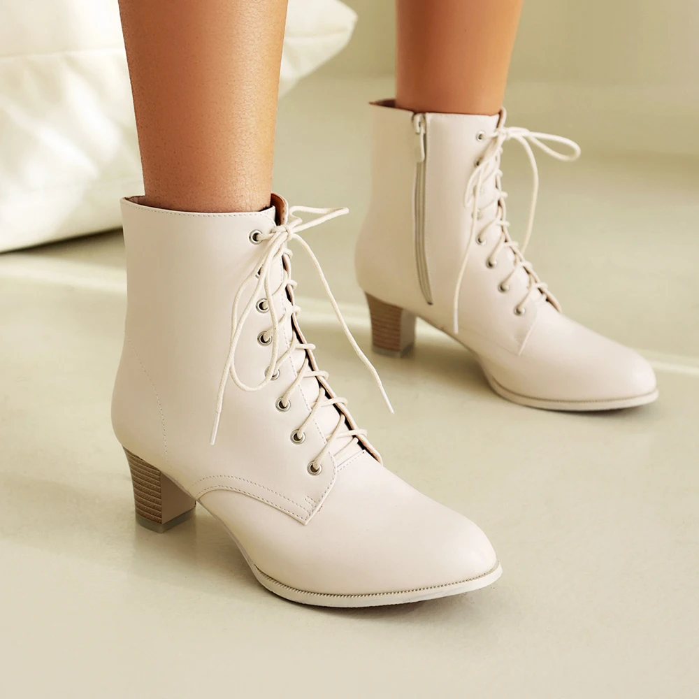 Women Victorian Ankle Boots British style booties thick Heel Shoes for woman Fashion Lace Up Ladies High Heels female Boot 44