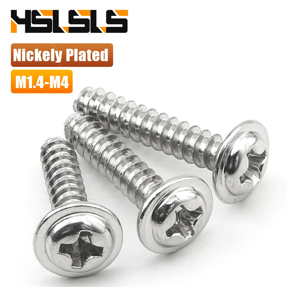 Nickel Plated Phillips Round Head Flat Tail Self-Tapping Screw with Washer M1.4 M1.7 M2 M2.3 M2.6 M3 M3.5 M4 Cross PWB Screw