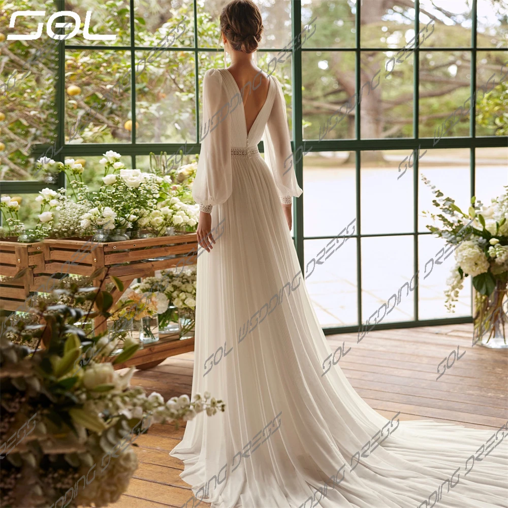 SOL Elegant V-Neck Long Lantern Sleeves High Slit Wedding Dress BOHO Backless Sweep Train Chiffon Bridal Gowns Sexy Custom Made