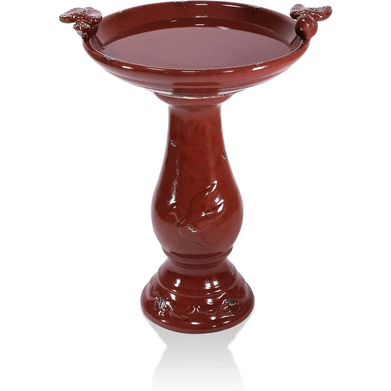 

25" Tall Outdoor Ceramic Antique Pedestal Birdbath with 2 Bird Figurines, Red