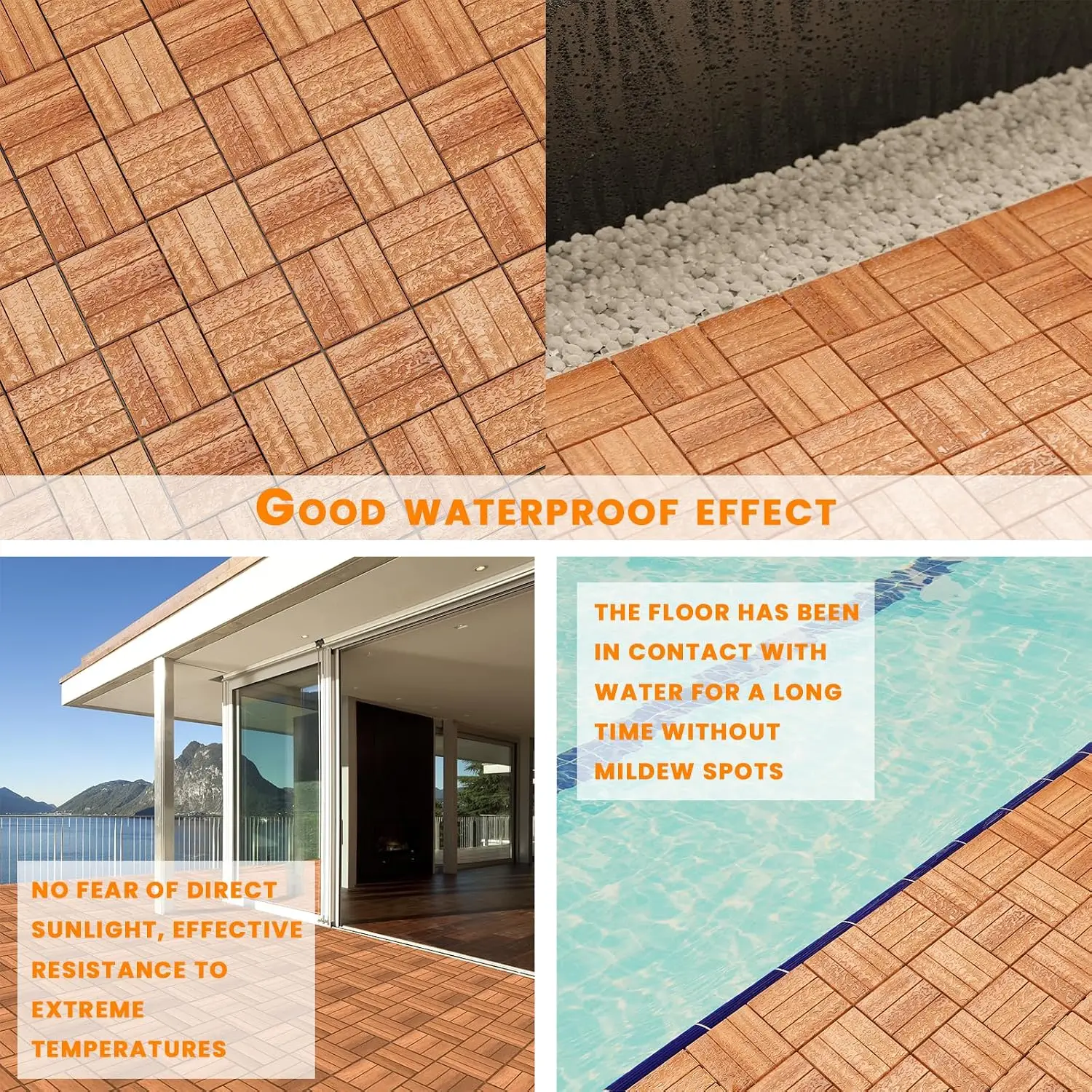 Acacia Wood Deck Tiles Waterproof Interlocking Patio Flooring Outdoor Balcony Backyard Poolside DIY Install, Customized