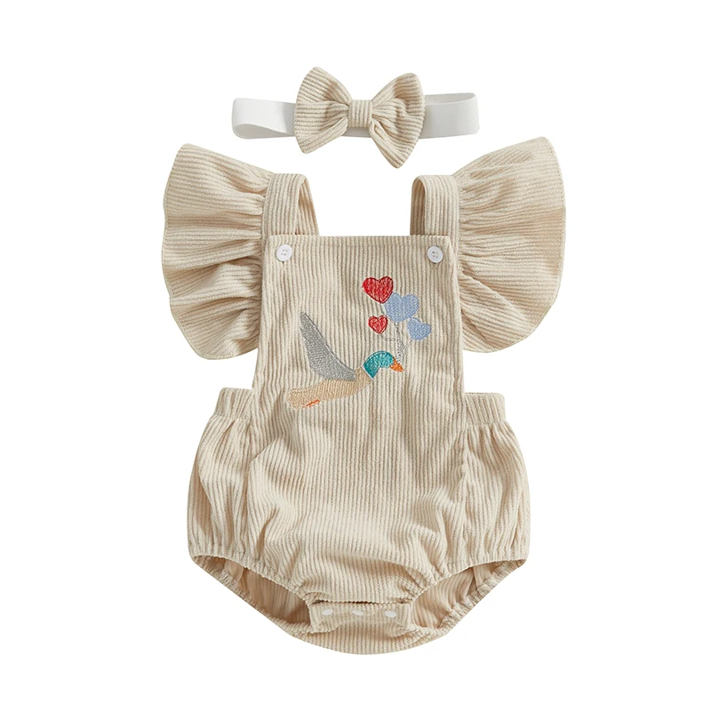 0-18 Months Baby Girls Valentine's Day Romper Flying Sleeve Duck Heart Balloon Embroidery Romper with Headband