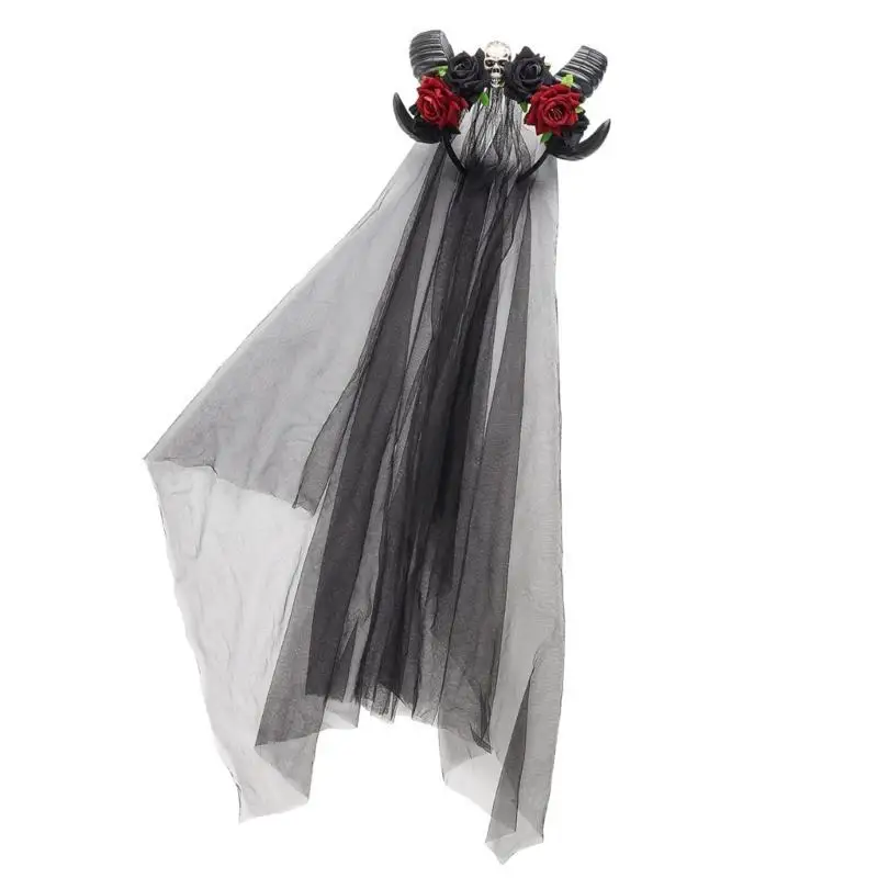 

652F Handmade Gothic Horn Hair Hoop Rose Bride Headwear Hair Hoop Dark Veil