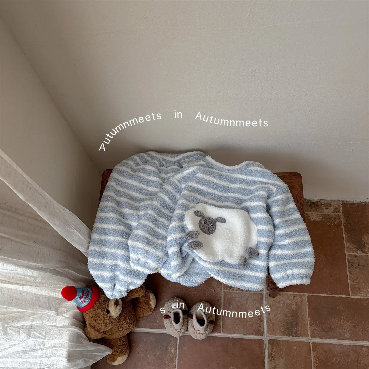 الشتاء الرضع طفلة قطعتين مجموعة مخطط الأغنام أفخم الدافئة طفل طفل الفتيات بلايز مرونة الخصر الوليد فتاة بانت ملابس خاصة