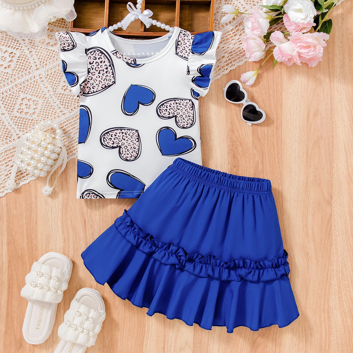 (162) Little Girl's Dark Blue Leopard Print Heart-Shaped T-Shirt + Ruffled Pleated Skirt Set, Princess-Style Summer Two-Piece Outfit for Girls, Perfect for Family Gatherings, Photography, and Outings, Lightweight and Fashionable, Showcasing a Cute Look. Spring and Summer.