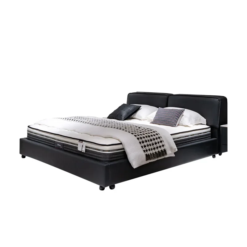 Big black cow leather bed first layer cowhide master bedroom simple double bed Italian minimalist