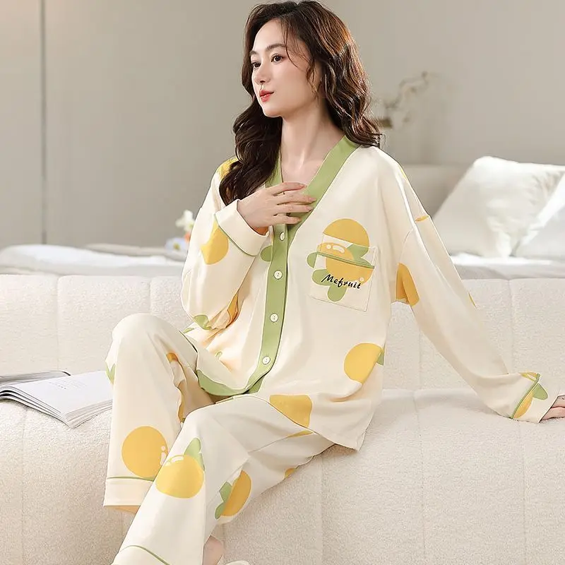 Pijamas Women 100% Cotton Kimono Pajamas Women's Spring and Autumn Long-sleeved V-neck Casual Loose Loungewear Suit 2pcs