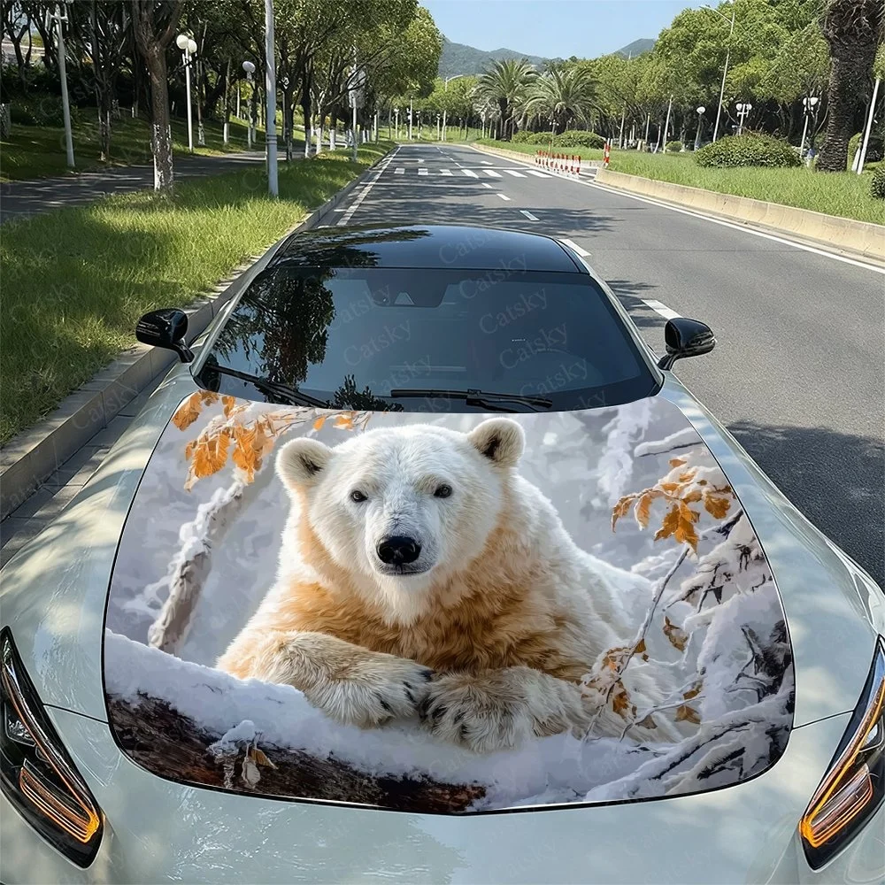 White Polar Bear Car Hood Sticker PVC Self Waterproof Stick, Striking Auto Exterior Accessories Decor Protect Gift for Car Lover