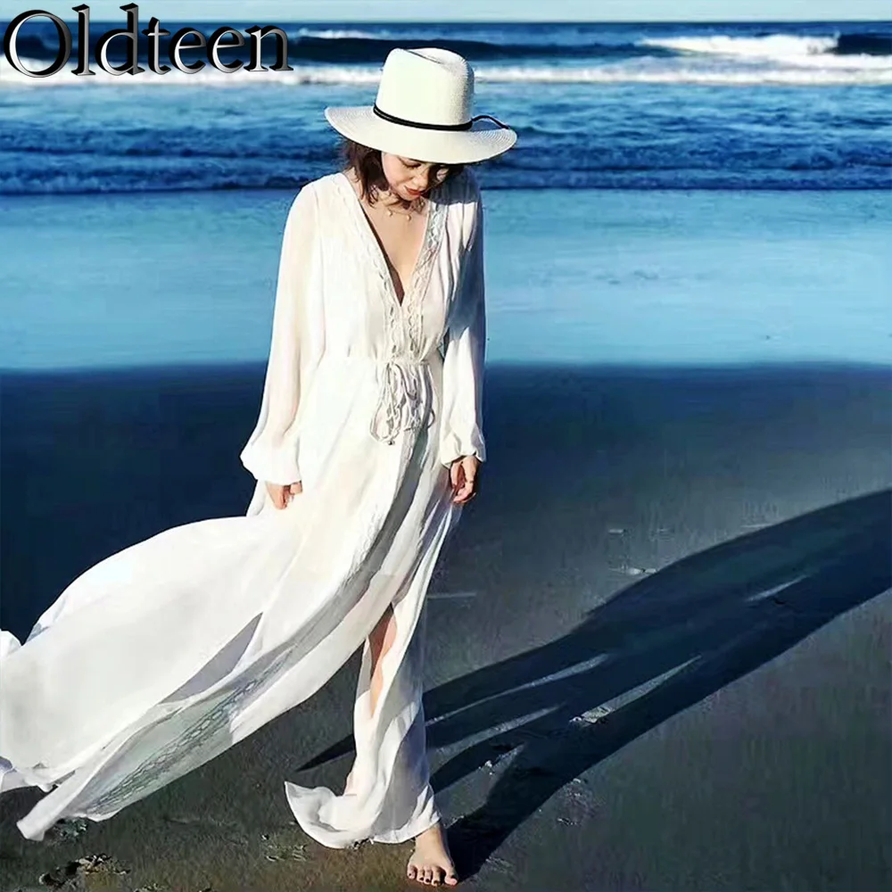 Summer New European and American Chiffon White Beach Skirt for Beach Vacation V-neck Sunscreen Dress Long Skirt Bikini Cover Up