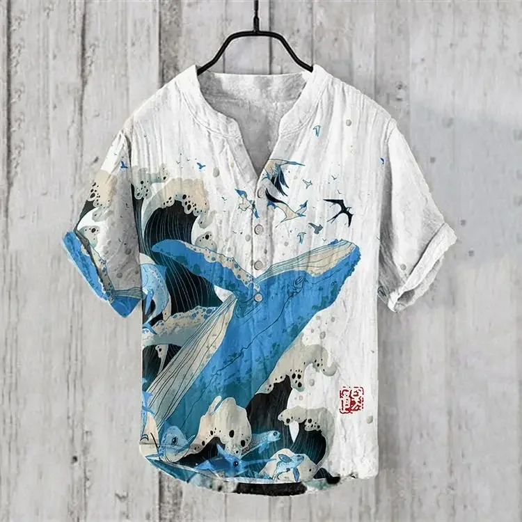 Amazon 2024 New Foreign Trade Men's Casual V-neck Three Button Hawaiian Shirt Short Sleeve 3D Printed Men's