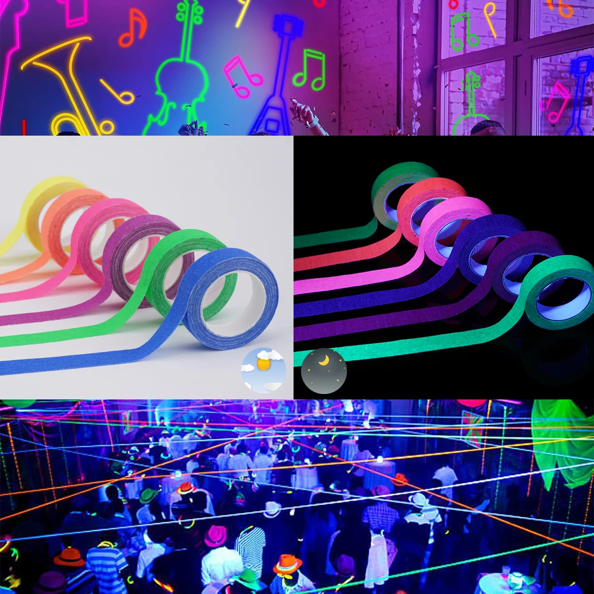 6Rolls UV colored fluorescent fabric tape luminous cloth tape safety warning neon ribbon stage wedding accessorie party supplie
