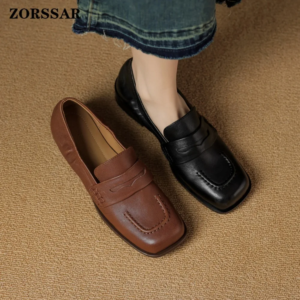 2026 New Spring Autumn Women's Shoes Genuine Leather Square Toe Flat Leather Mid Mouth Casual Loafers Shoe Comfort Soft Fashion