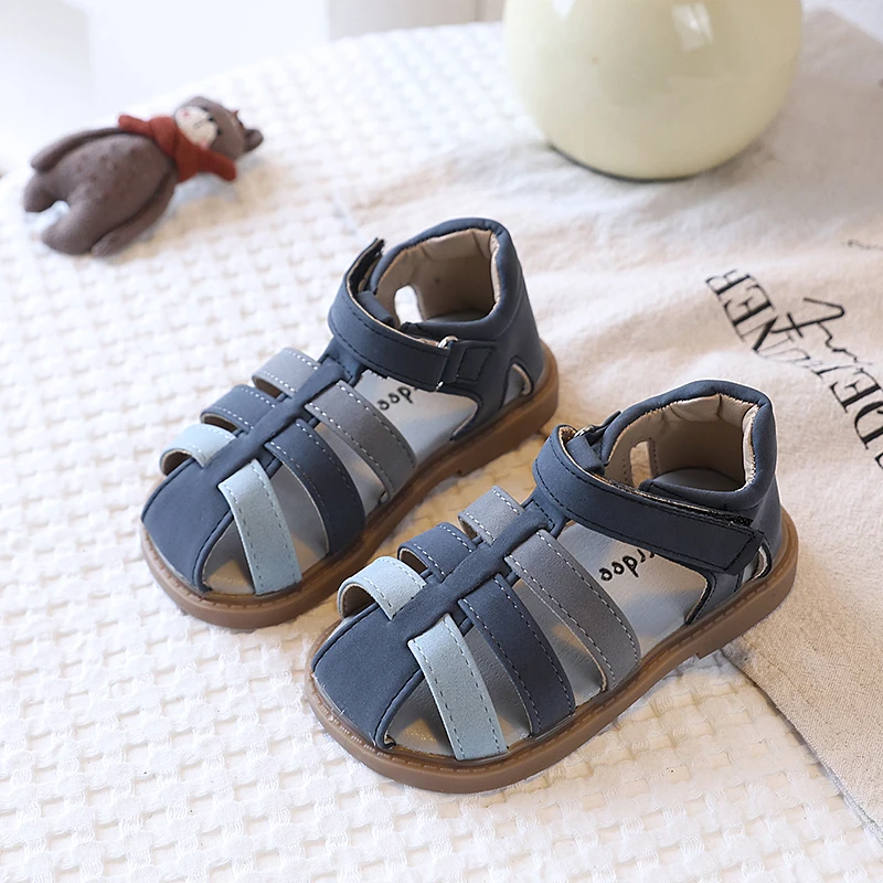 Toddler Retro Color Block Roman Sandals Closed Toe Ankle Velcro Soft Leather Non Slip Gum Sole Baby First Walkers