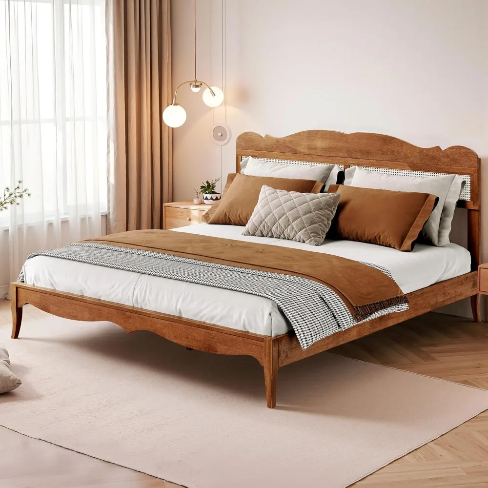 MAISON ARTS King Size Bed Frame with Solid Wood & Woven Rattan Headboard – Natural Craftsmanship, Reinforced Wooden Slats, No Bo
