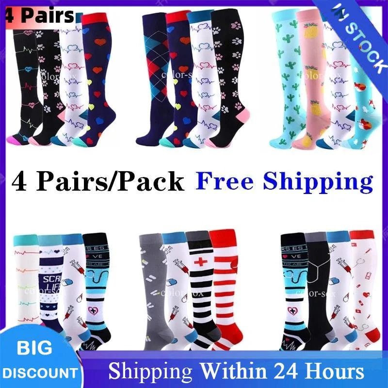 

4 Pairs Compression Sports Socks High Socks for Women Men Running Hiking Edema Diabetes Varicose Veins Socks 20-30mmHg