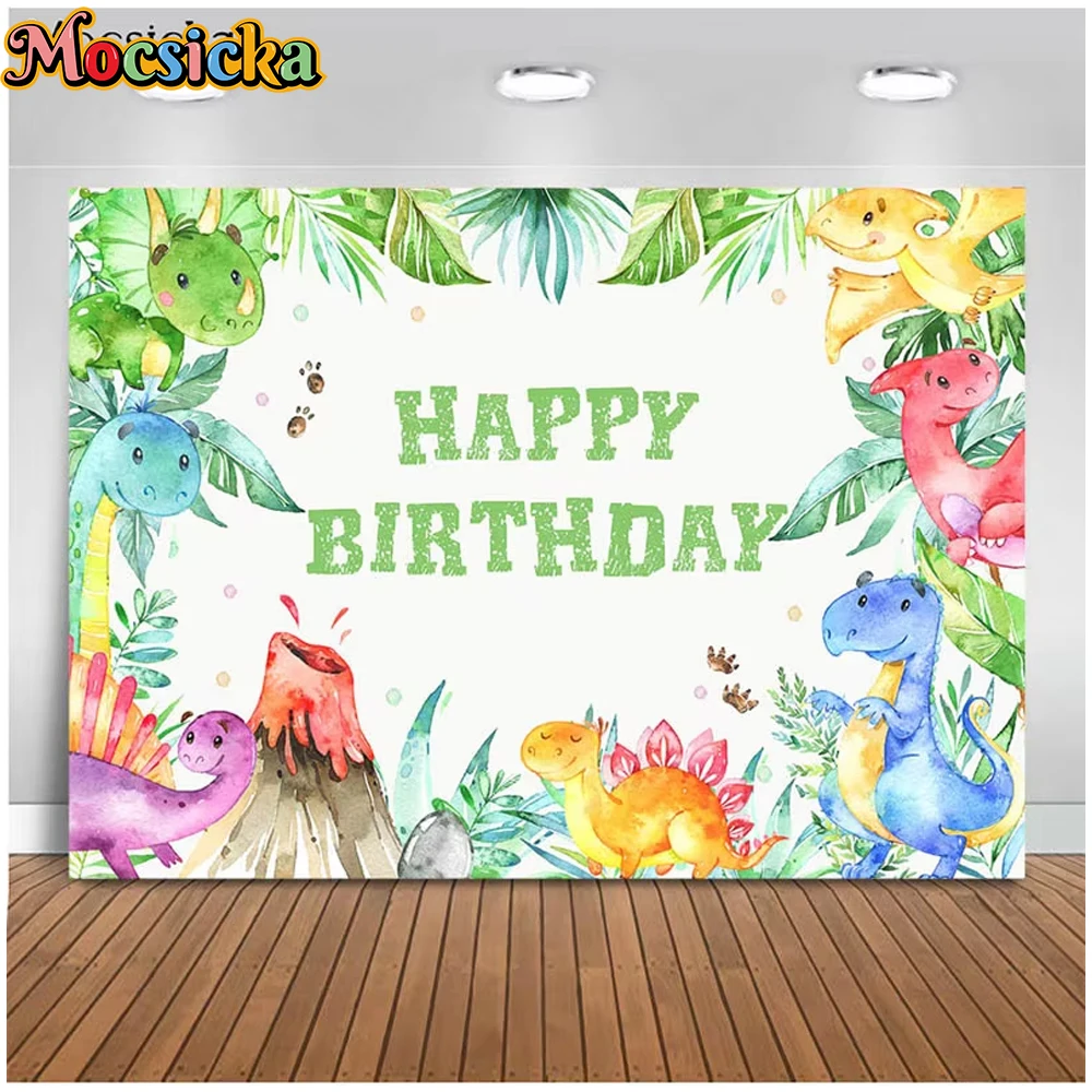 

Mocsicka Happy Birthday Backdrops Jungle Animal Dinosaur Green Leaf Party Supplies Decorations Children Photo Backgrounds Banner