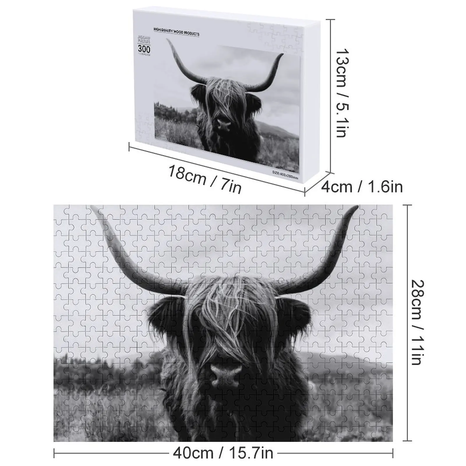 スコットランド高地牛 - 黒と白の動物写真ジグソーパズル カスタム木製ギフト パーソナライズされた子供用ギフトパズル