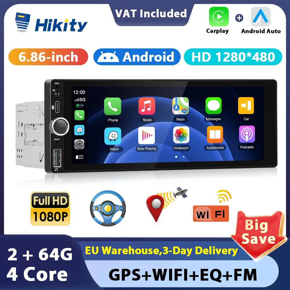 Hikity 2+64G Carplay Android 1din Car Radio Android Auto Stereo 6.86" GPS Navigation Player support FM WiFi USB Rear Camera