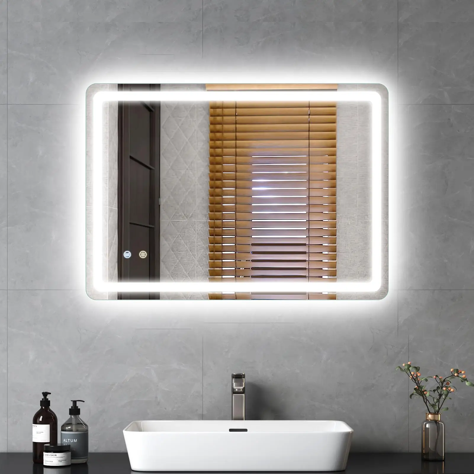 LED-Badezimmerspiegel, dimmbar, wandmontiert, beleuchtet, für Make-up, Duschraum, Heimdekoration, modern, rund, beschlagfrei