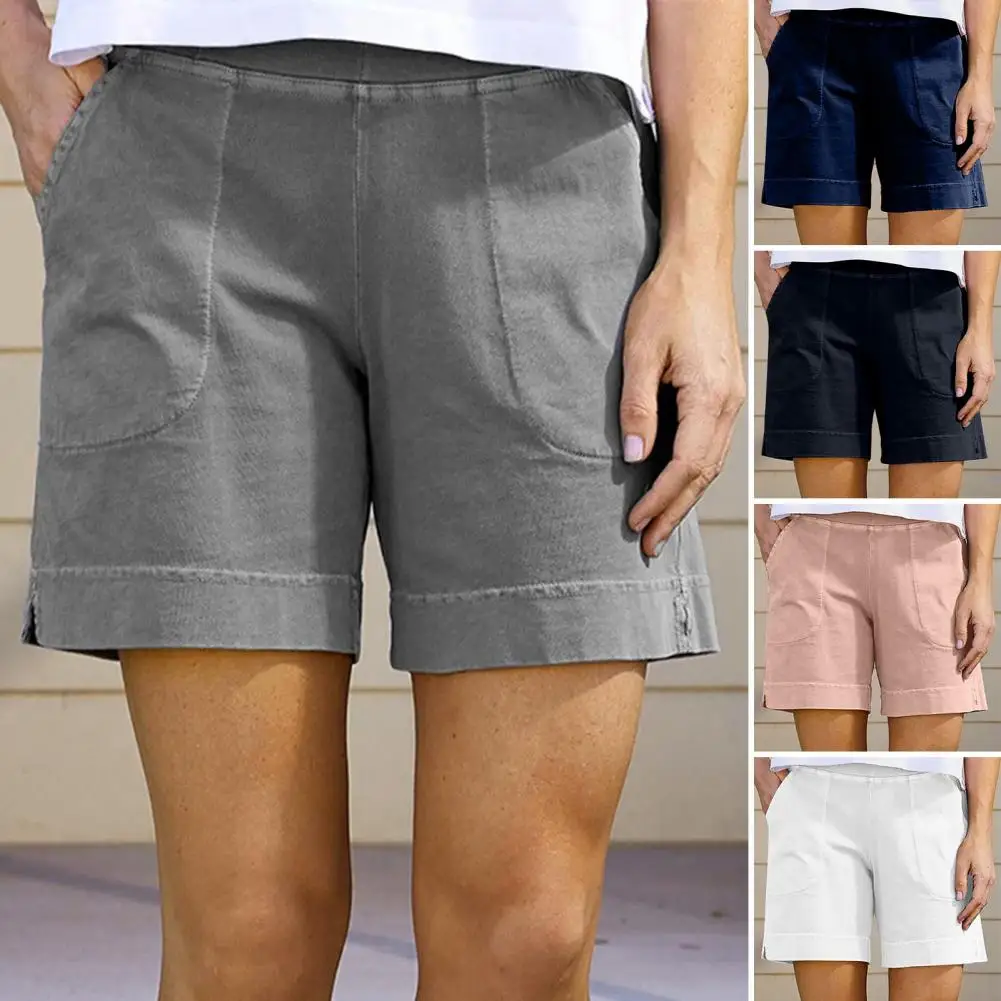 Women's Cotton Linen Shorts Elastic Waist Baggy Short Pants with Pockets Casual Knee-Length Summer Shorts