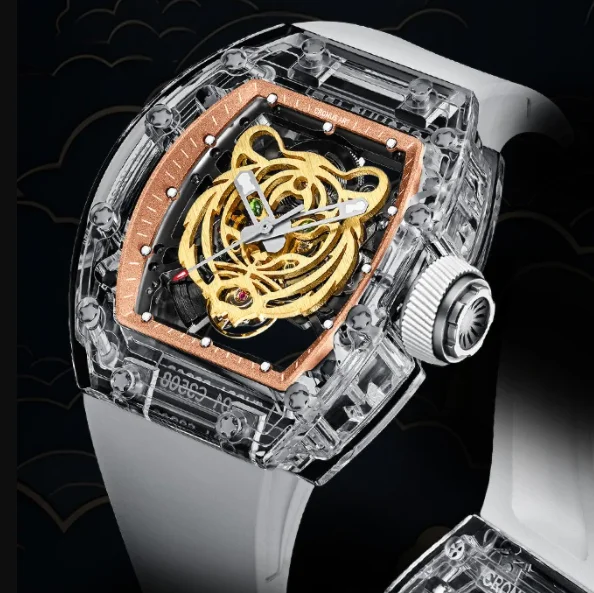 CRONUSART Men Automatic Watch Luxury 50mm Tonneau Mechanical Wristwatch Acrylic Case Luminous Tiger Dial