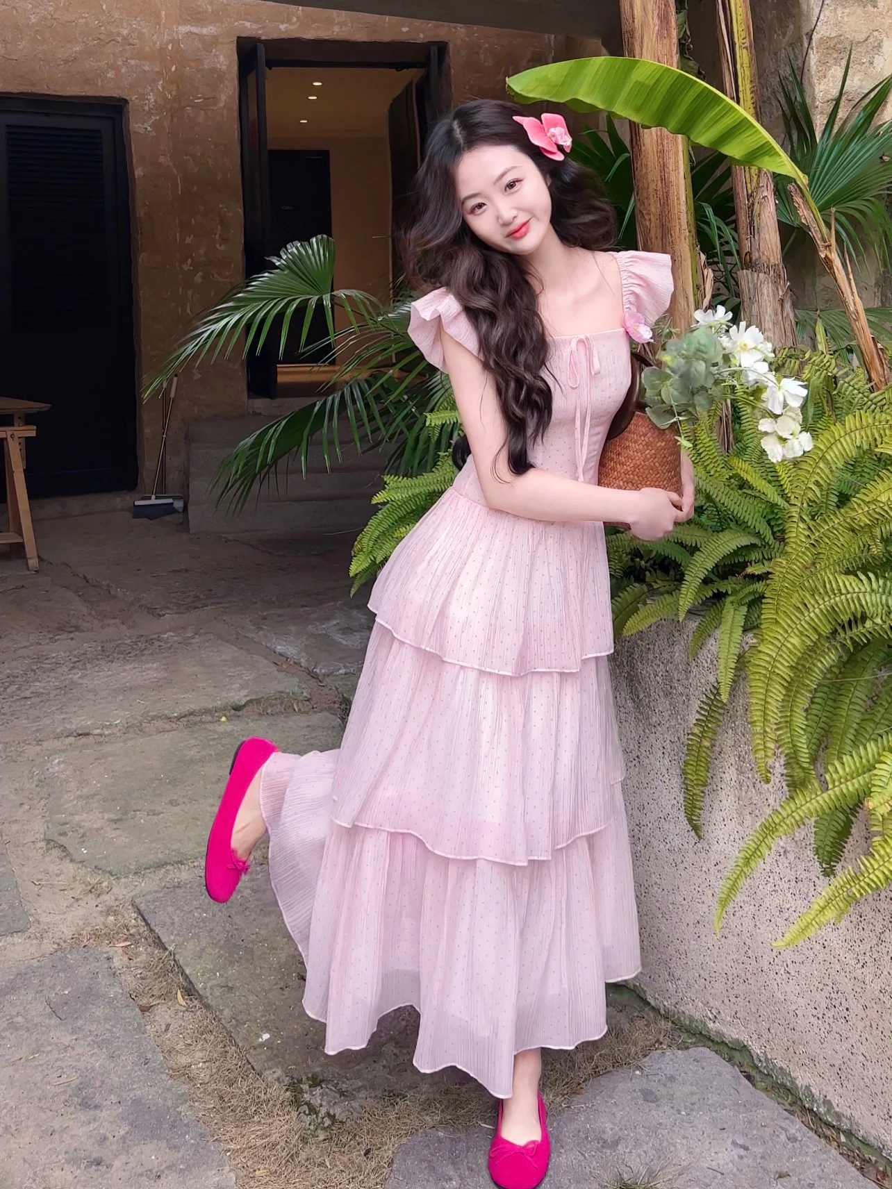 

Joey Cake Dr Stberry Flavor Polka Dot Pink Fairy Skirt Long Sve High Waist Summer Women's Sweet Sle Gown Dr