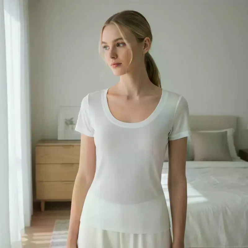 2026 Basic Square Collar Women Slim T Shirt Stretchy Solid Color Lightweight Summer Workwear