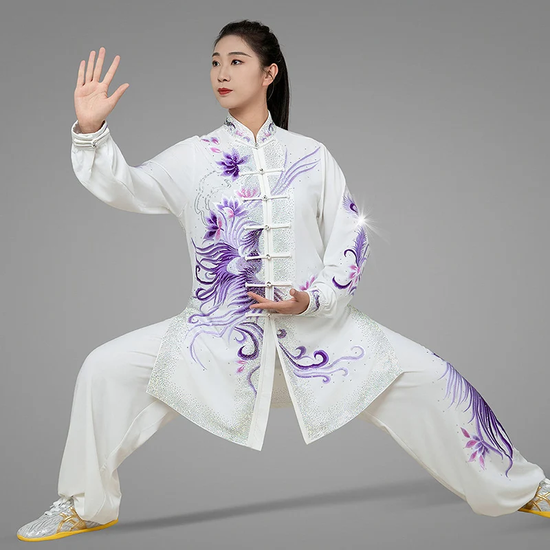 Custom Women's White Lotus Phoenix Tai Chi Suit - Heavy Rhinestone Embroidery, High-End Double Silk Hemp Spring Summer Uniform